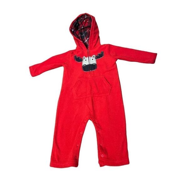 Carters 12m red long Sleeve Hooded Bodysuit Baby Boy • Moose Theme - Picture 1 of 6